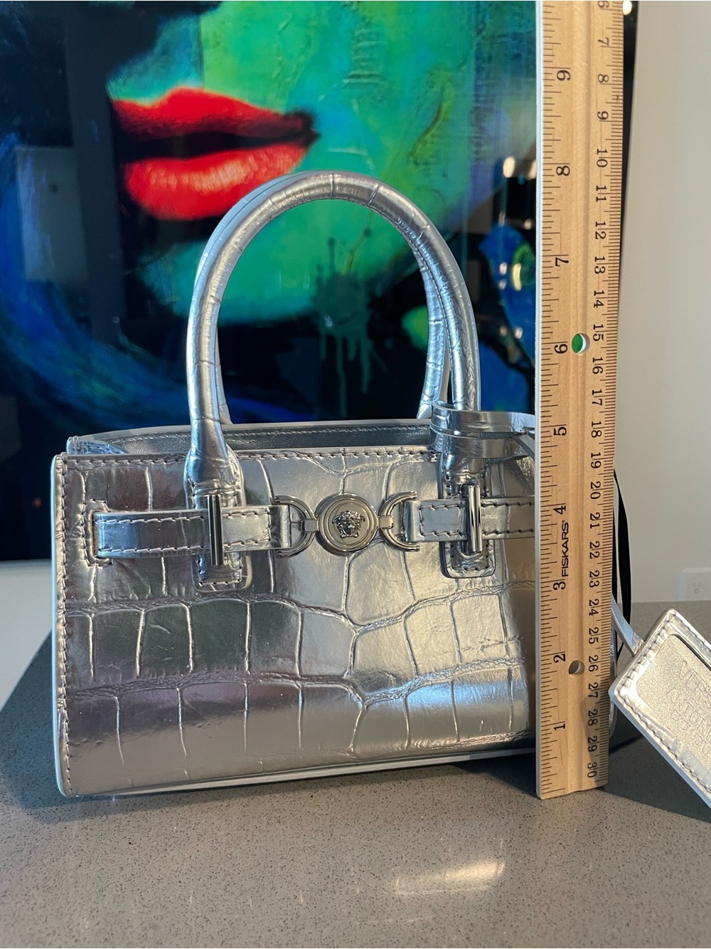 Versace Silver Croc-Embossed Mini Tote with Detachable Strap - Picture 7 of 16